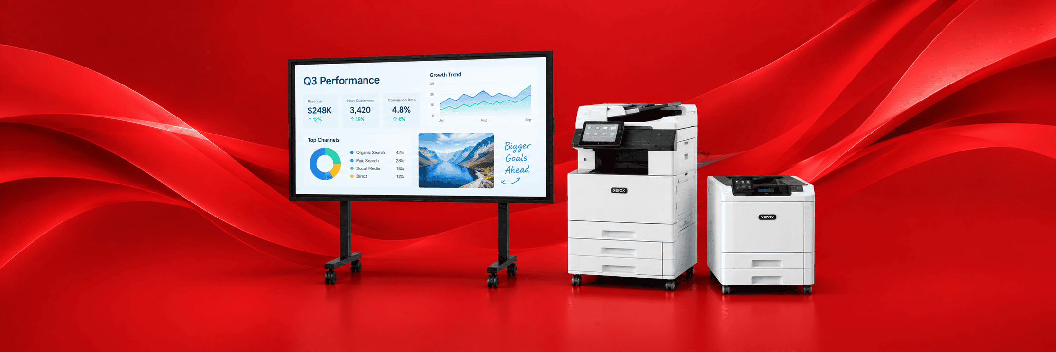 Interactive display screen shown next to Xerox multifunction printers